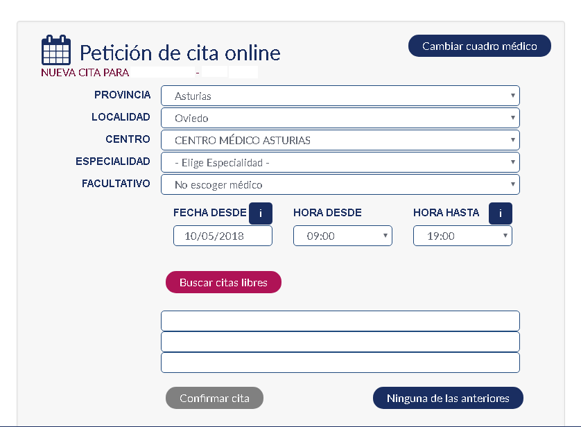 Cuadro de pedir cita online para los pacientes del Centro.